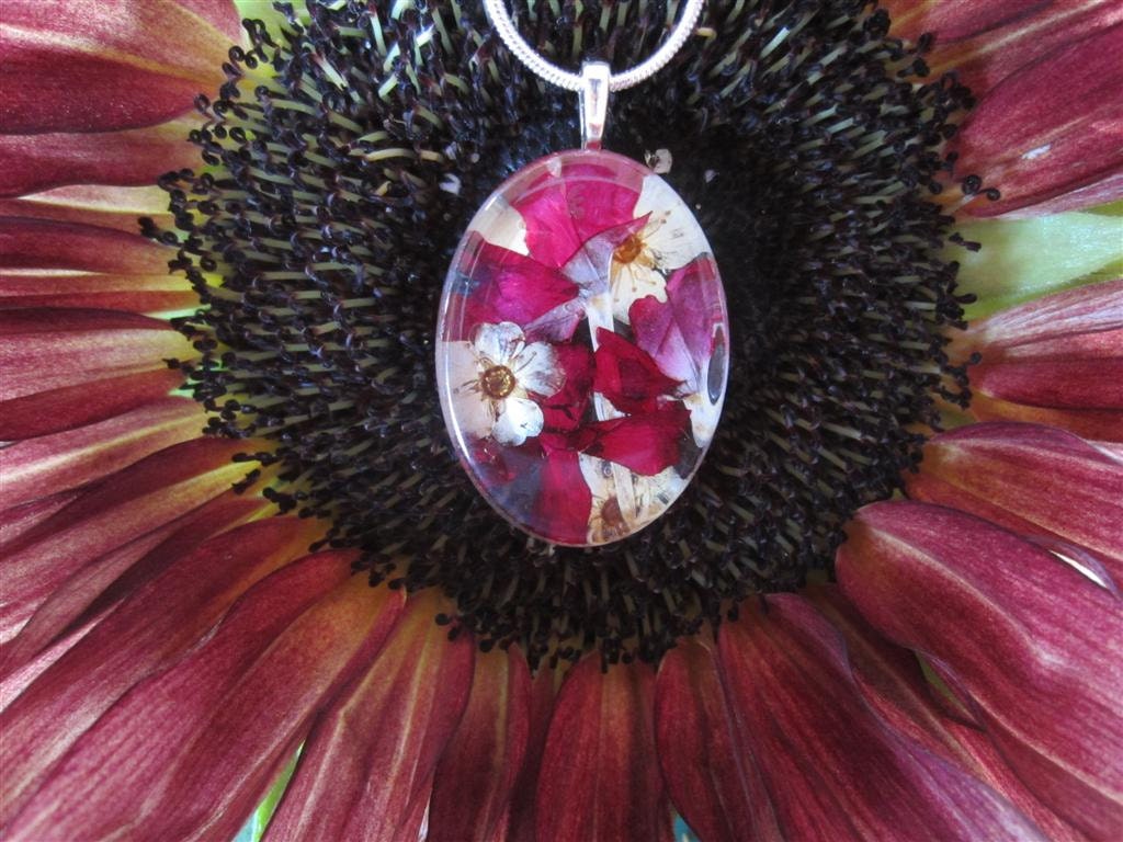 Christmas Ruby  Red  pressed Verbena and Linen Bridal Spirea behind 1.25 inch handcut glass Oval.