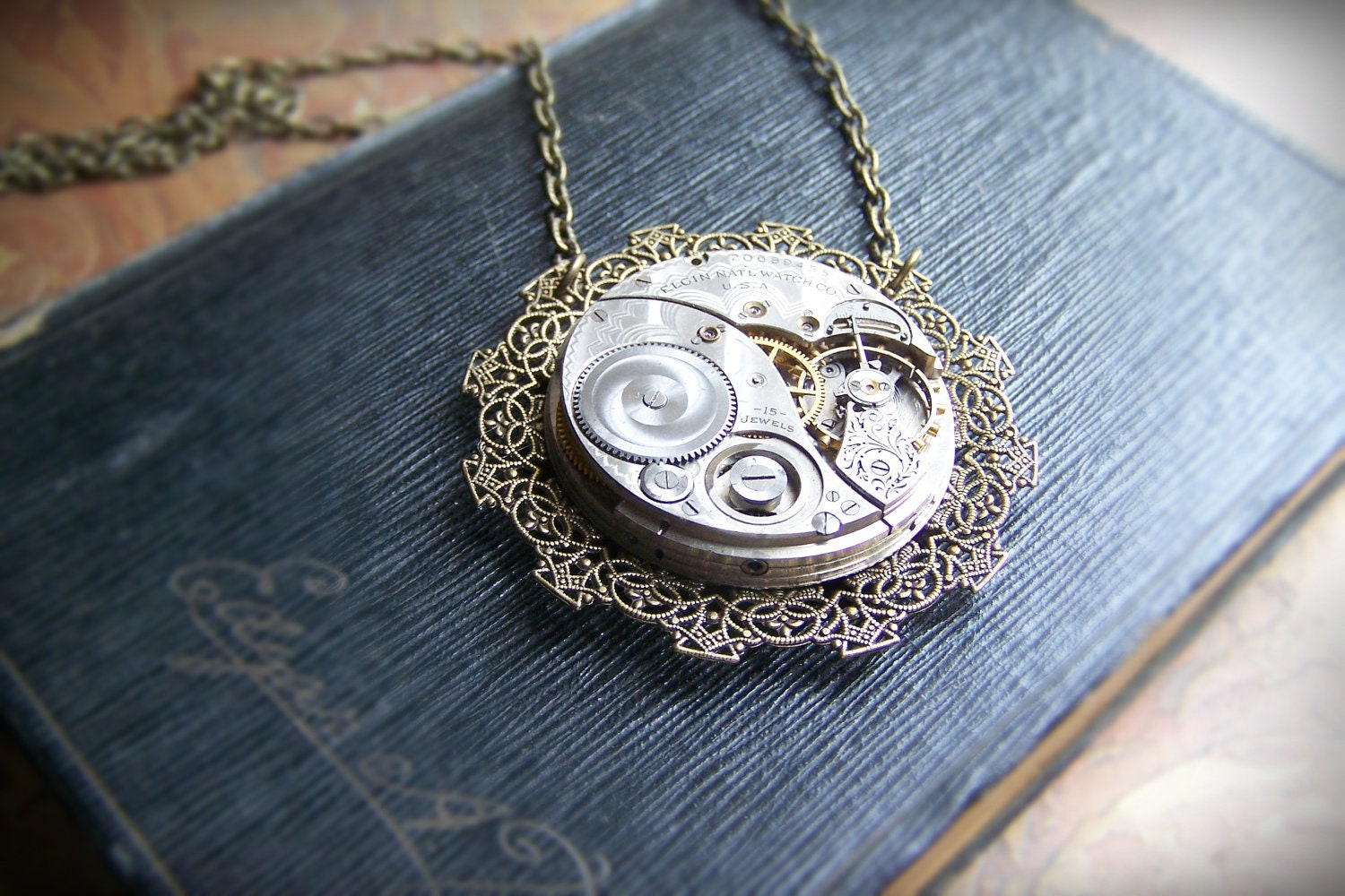 Steampunk Jewelry Pocket Watch Necklace LARGE Vintage Watch Movement Elgin Clockworks