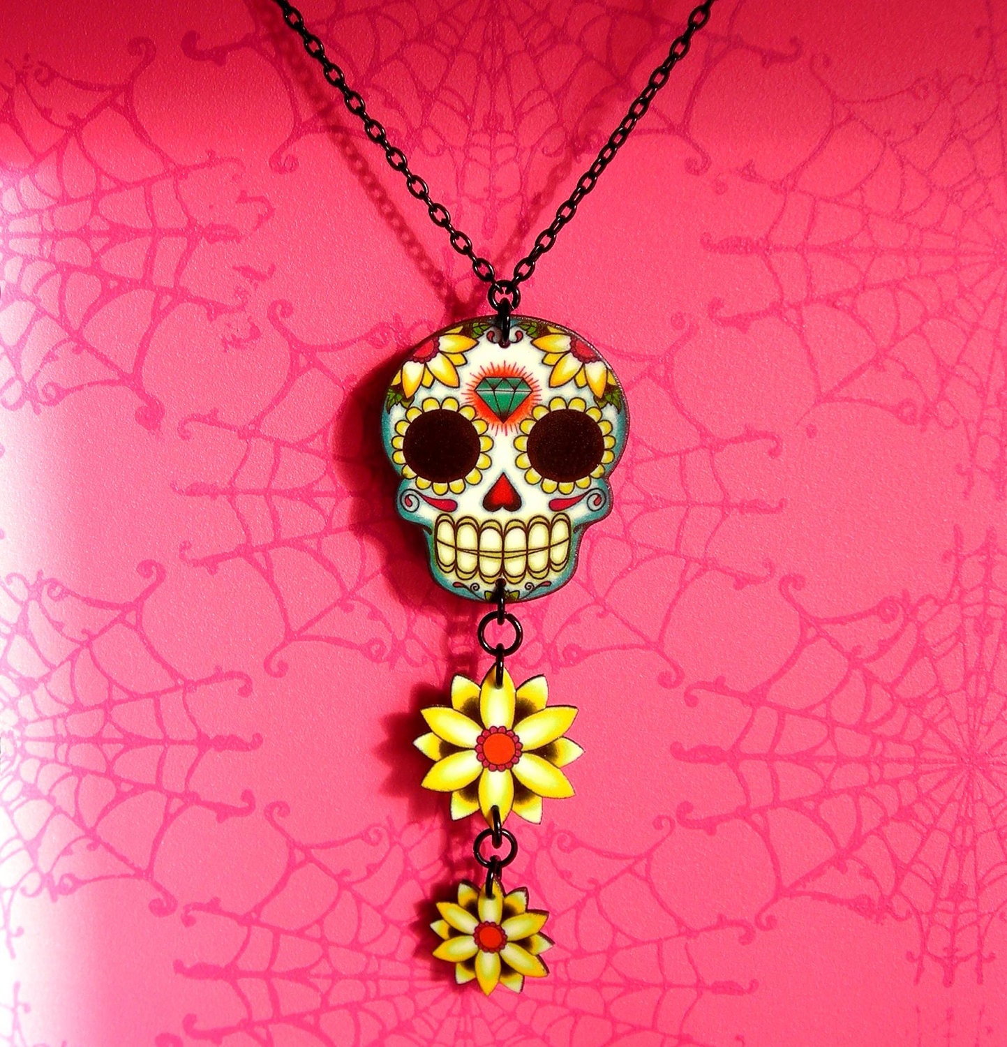Dia de los Muertos Daisies and Diamonds Sugar Skull Necklace