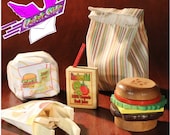 Toy Food Wood Hamburger Stacker and Fries Play Set in a Fabric Bag with Juice Box. 20 Pieces