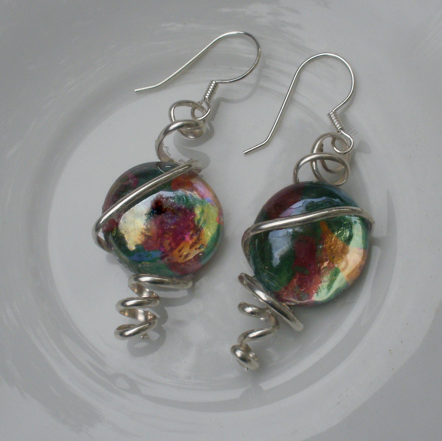 Pink, Green & Gold Wire Wrapped Earrings