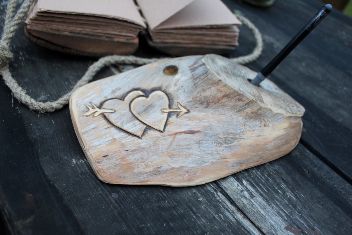 Custom Wedding Guest Book Large natural wood  pen holder with heart and arrow