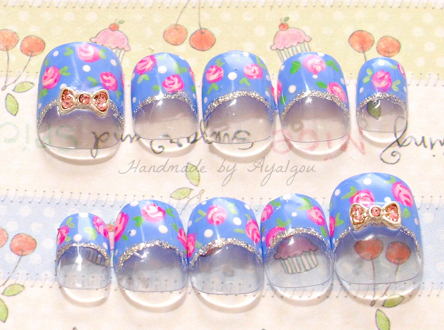 Fake nails, prom, sweet lolita, oshare kei, gyaru, blue french tips with rose paint, blingy gem bows
