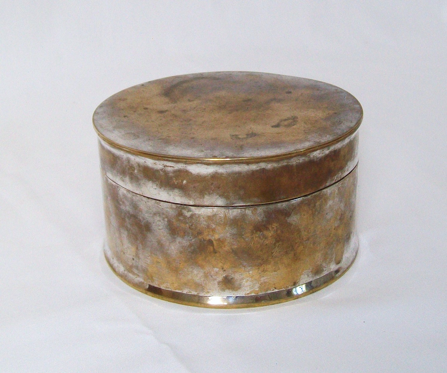 Antique Silver Round Large Powder Box Shabby Worn Hinged Metal Container Dressing Table