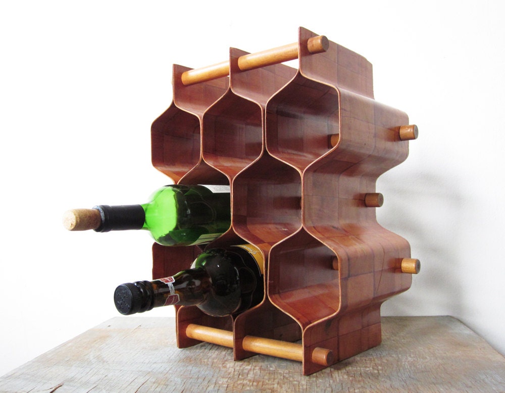 honeycomb wine rack / vintage mid century bentwood honeycomb wine rack / swedish birch and rosewood rack