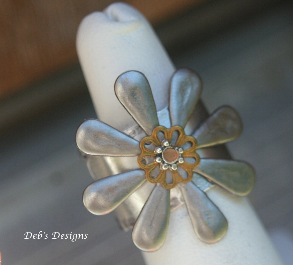 RING aluminum hand formed and stamped ring FLOWER