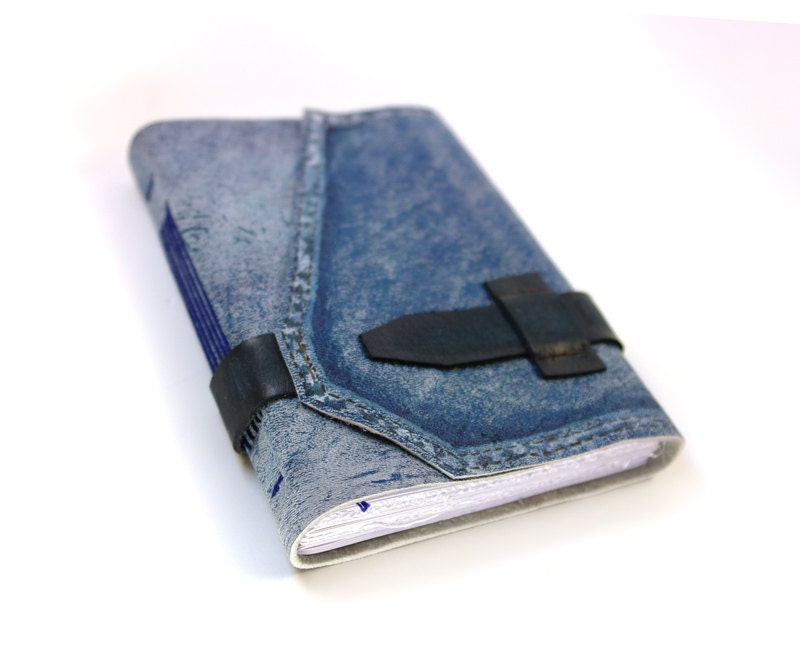 Lined Leather Journal, Small Blue Pocket Notebook - Blue Jeans