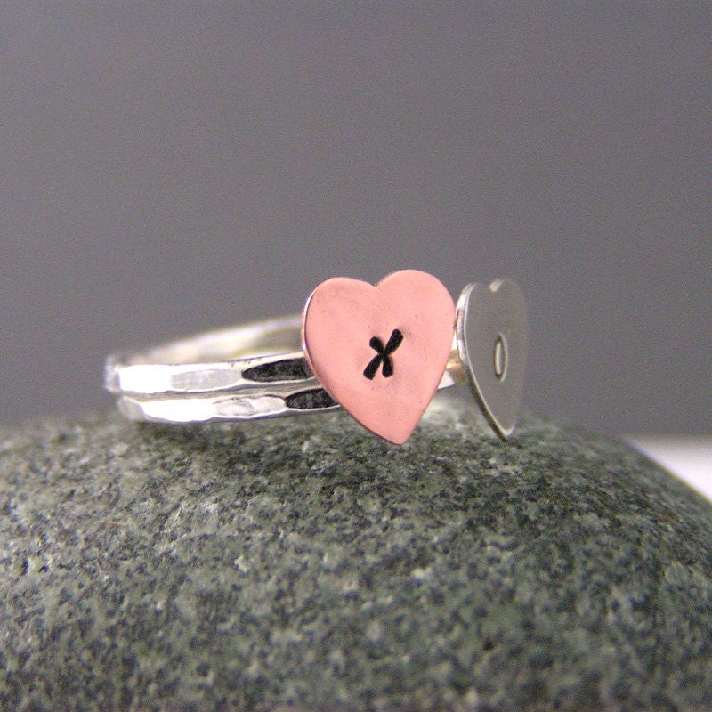 Heart Initial Rings, Sterling Silver And Copper Hammered, Set Of 2 Personalized Rings