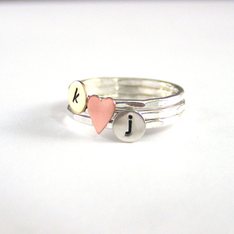 Custom Initial Sweetheart Stack Rings, Brass, Sterling, And Copper Rings, Personalized Rings, Set Of Three