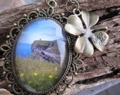 Cliffs of Moher Brass Cameo Necklace with Irish Clover Good Luck Charm - Handmade Ireland Pendant