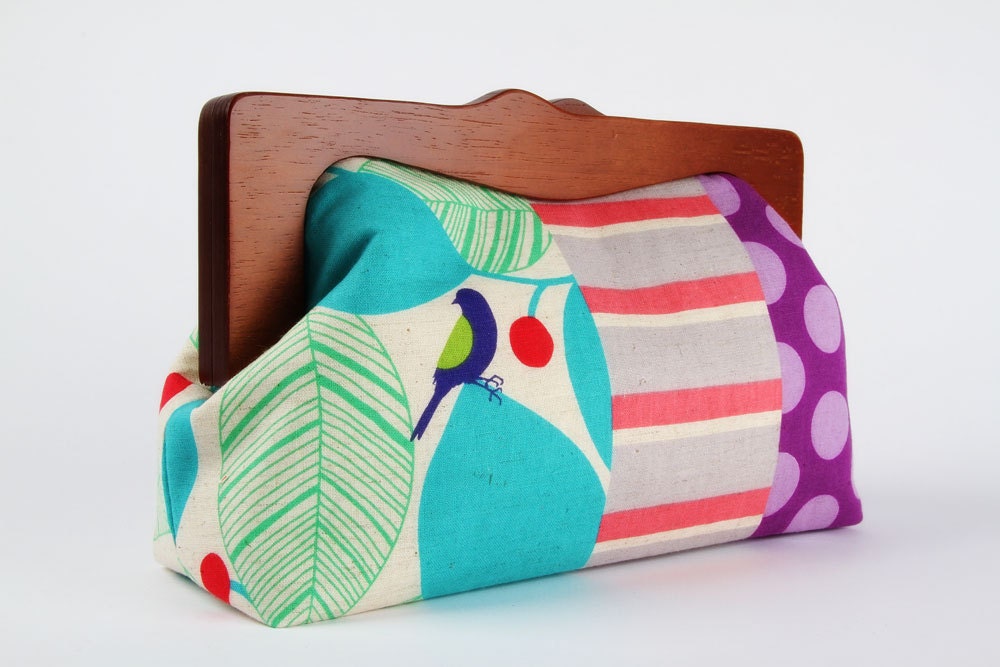 Home pouch - Birdie stripes in pink and purple - wooden frame clutch bag