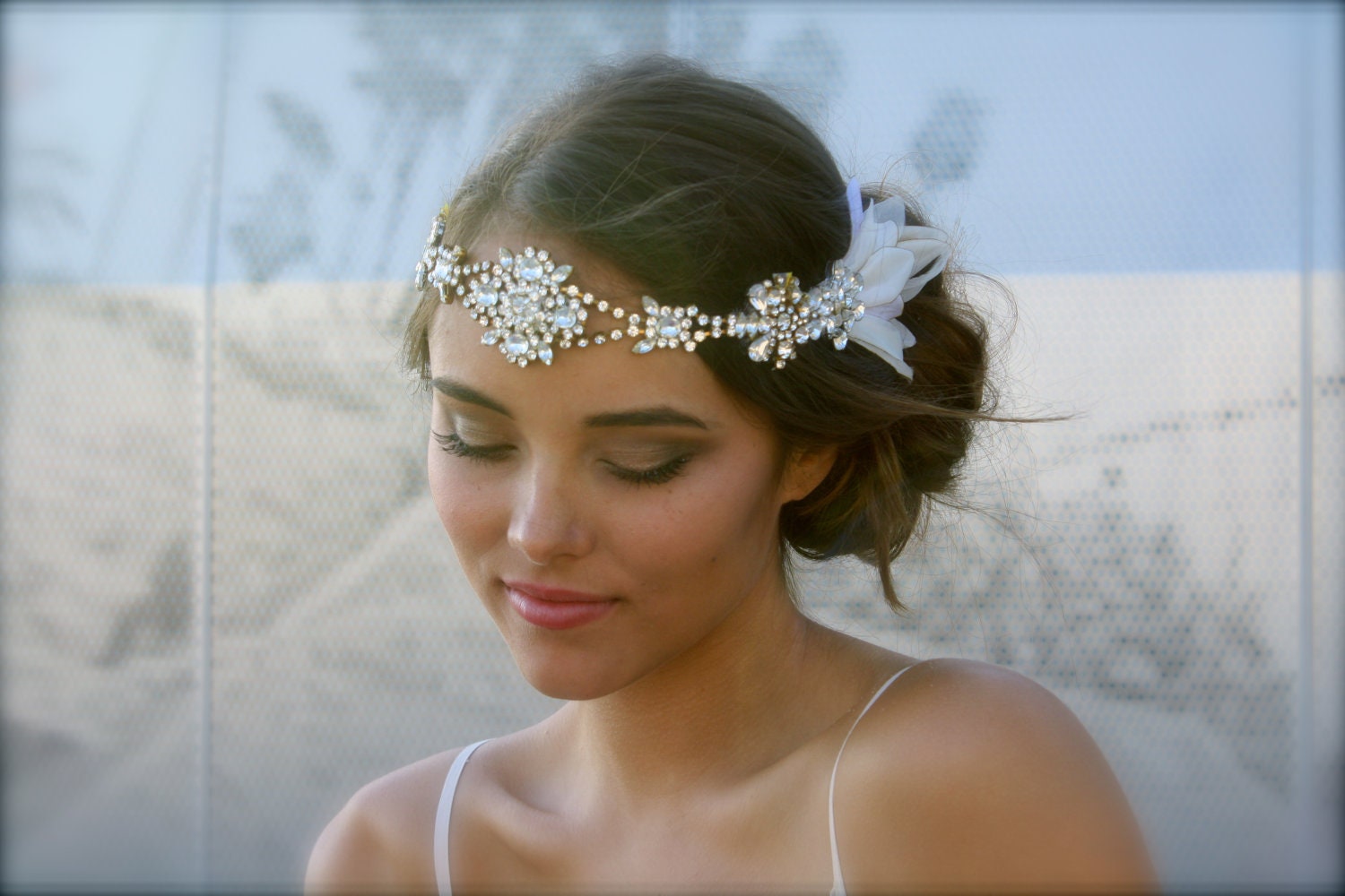 Vintage Swarovski Crystal Hippie Headband with Silk Petal Sides