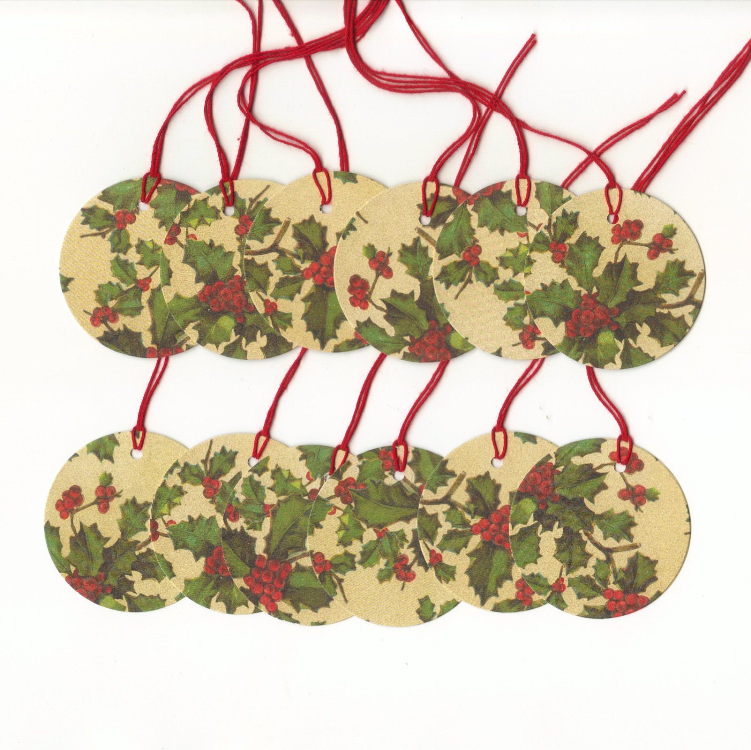 Vintage Look Christmas Holly 2 Inch Round Die Cut Gift Hang Tags (set of 12) PreStrung