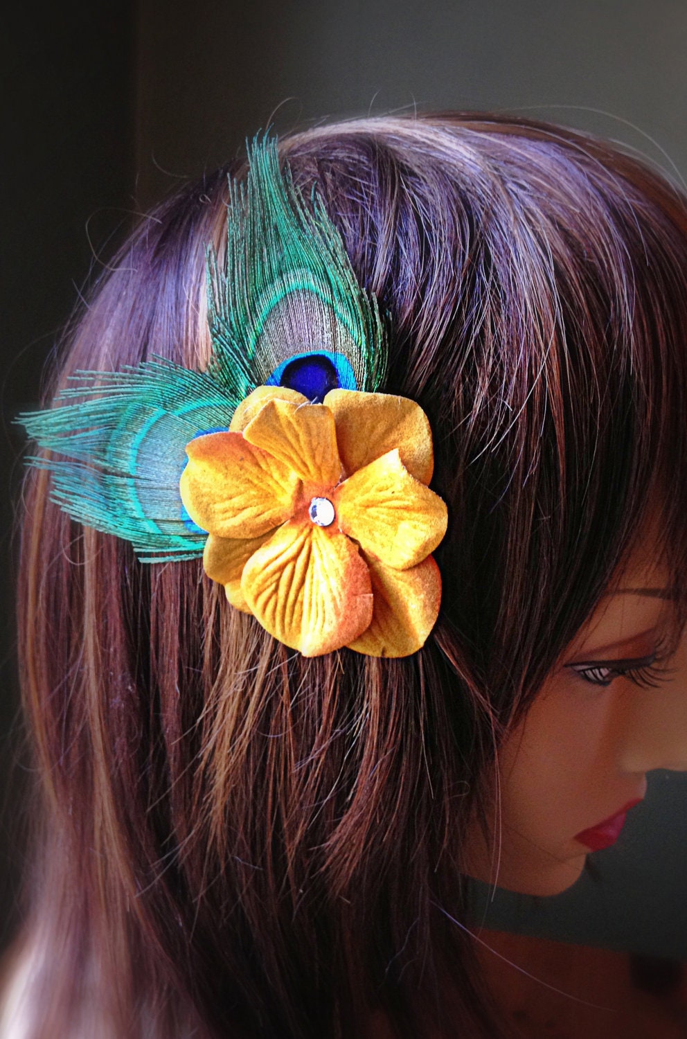 Peacock Feather and Yellow Flower Hair Fascinator with Rhinestone
