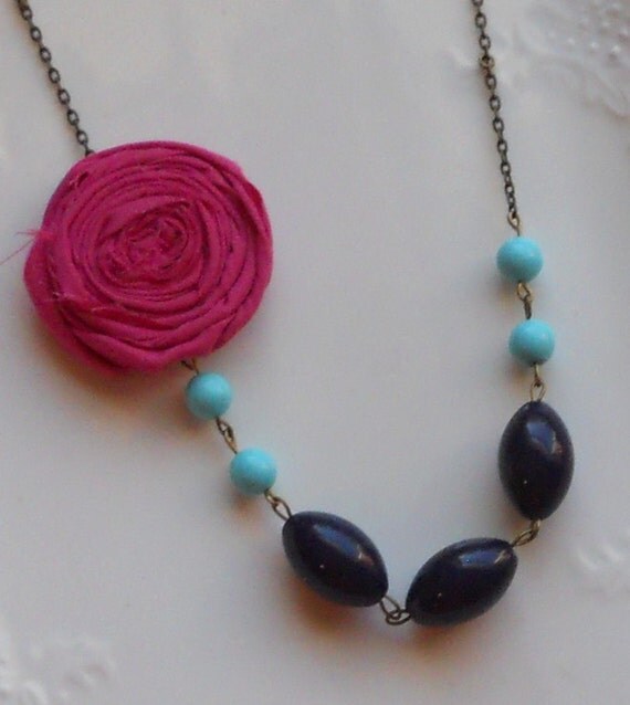 Fuchsia Rosette with Aqua and Navy Beads