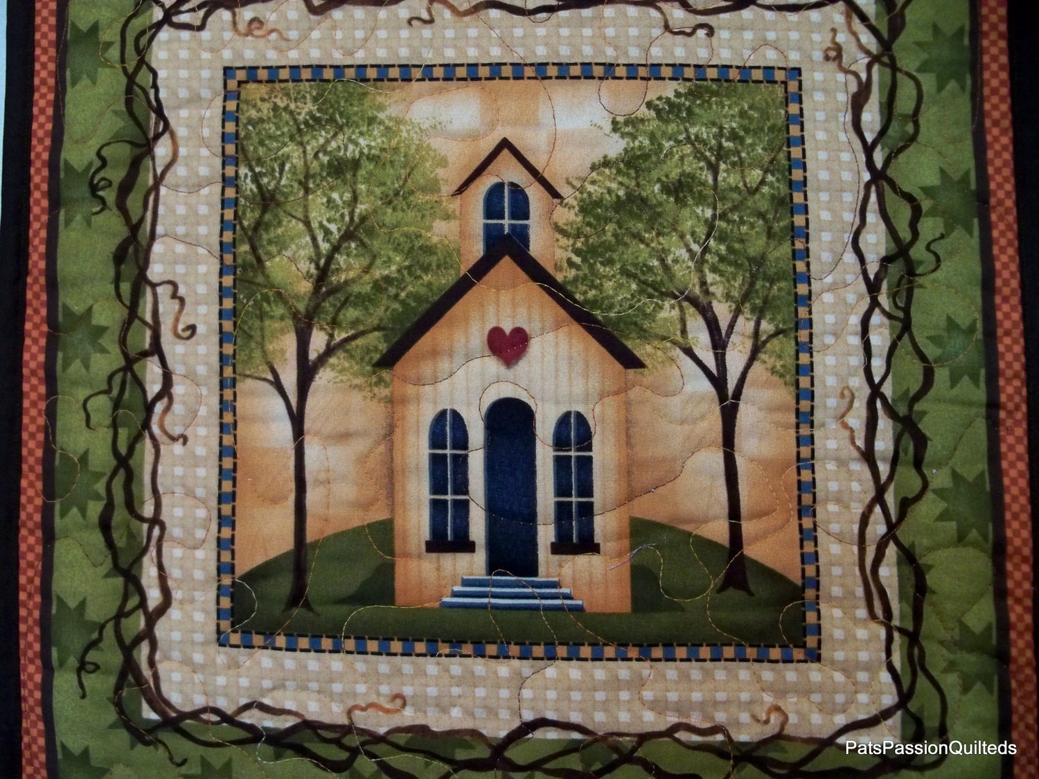 Fall Wall Hanging School House Browns, Oranges, Greens - PatsPassionQuilteds
