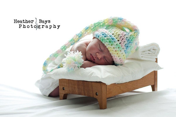 Pixie Hat with Long Tail and Pompom. Crocheted Photo Prop Size Newborn to 12 Months.