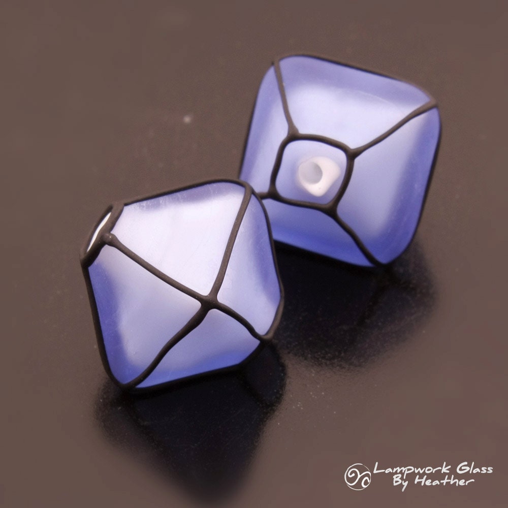 Lampwork Beads Handmade Glass Etched Blue Crystals Black Pair Heather Behrendt (1568) BHV SRA LETeam