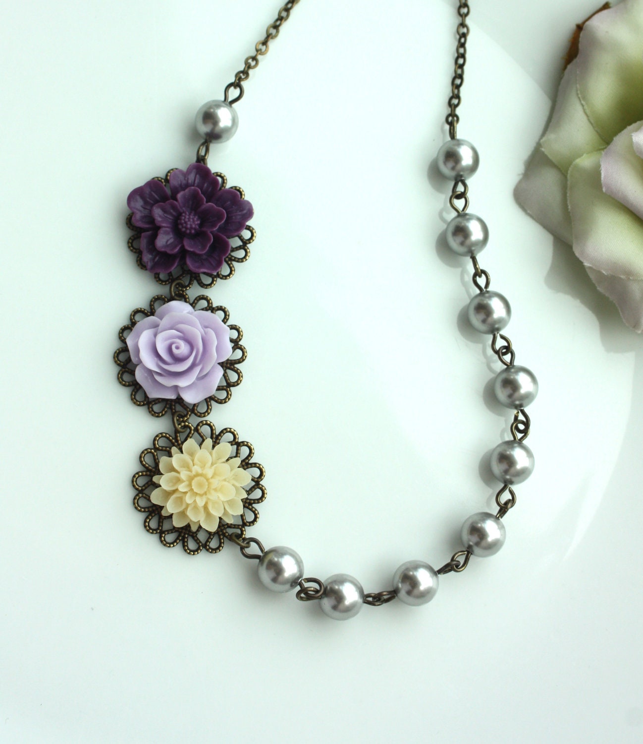 Shades of Purple, Plum, Ivory, and Grey Pearls, Multi Flower Necklace. Vintage Style. Bridesmaid Gift Ideas. Bridal Wedding. Maid of Honor.