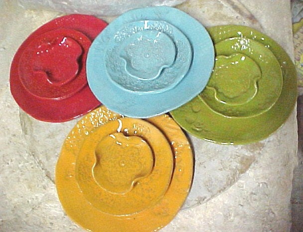 Lot of 4 Sets Hand Built Sushi Appetizer Tapas Tidbit Plates ONE LOT READY Aqua Lime Red Wasabi Sauce Dish Lacy Textures Food Safe Unique