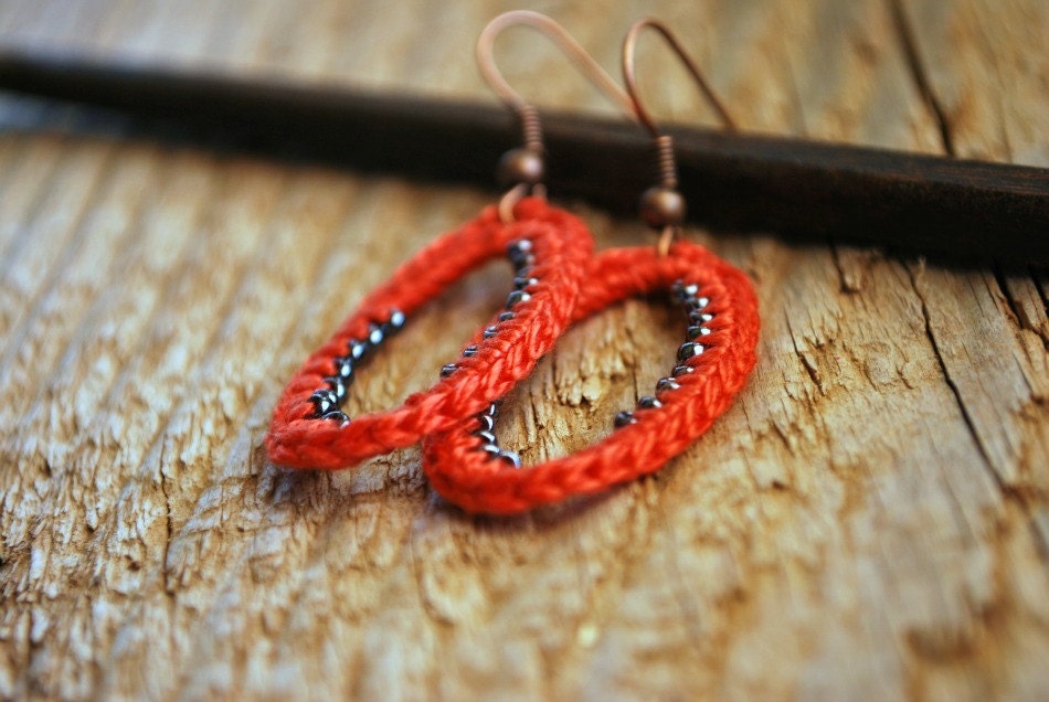 Beaded Crochet Earrings. Dark Coral and Gunmetal Beads. Lightweight Jewelry