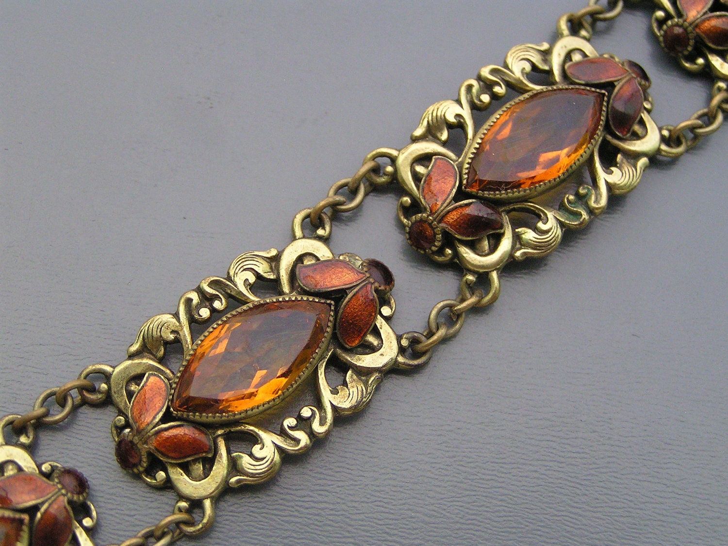 Vintage Victorian Czech  Enamel Amber Glass Enamel Bracelet  3/4Wide