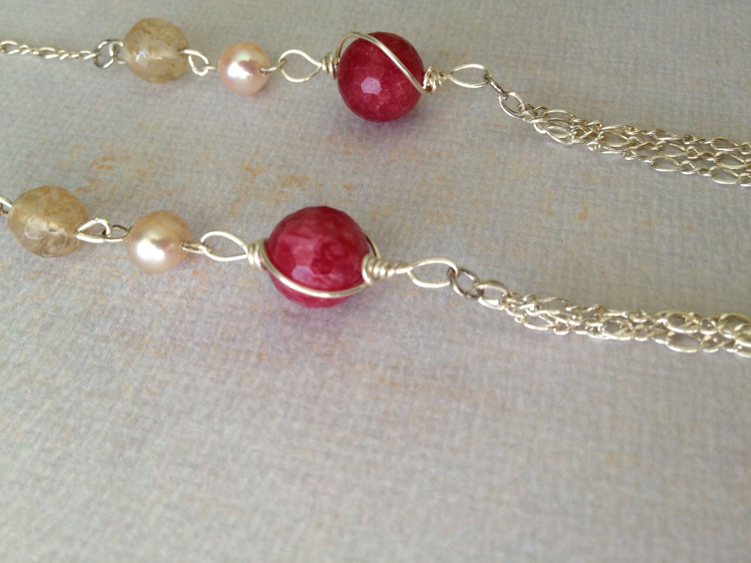 SALE Rose Candy Jade Sterling Silver Triple Drop Necklace