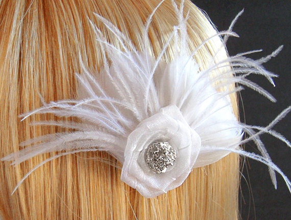 Hair, Bridal Accessories, White Feather Hairpiece, White Flower, Fabric Flower, Elegant Rhinestones, Handmade Bride
