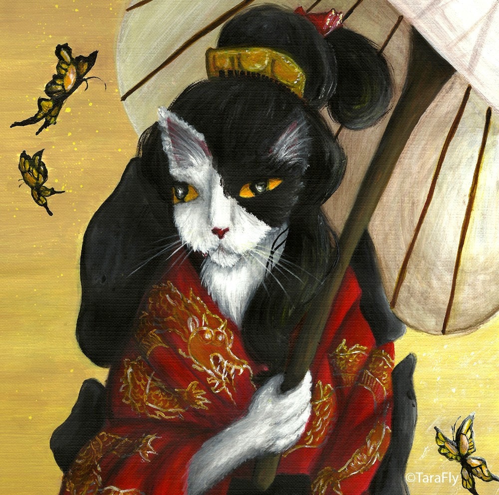 Kimono Cat Art, Black and White Cat Dressed in Japanese Red Kimono 8x10 Fine Art Print