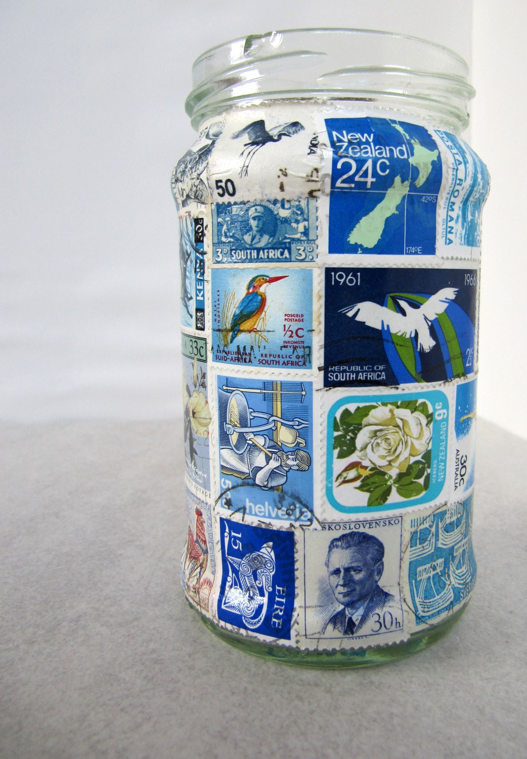 Stamp Lamp - upcycled glass jar tealight candle holder OOAK - blue