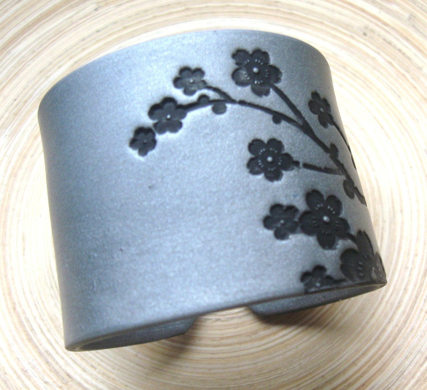 Silver Cuff Bracelet Asian Floral Blossoms Design, Handmade Cuff Bracelets