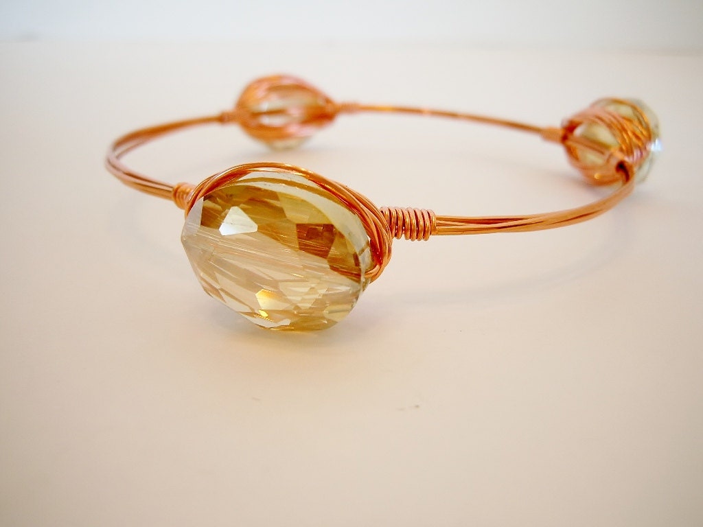 Wire Wrapped Copper And Pale Gold Crystal Bangle Bracelet by Debbie Renee, Stackable Bracelet
