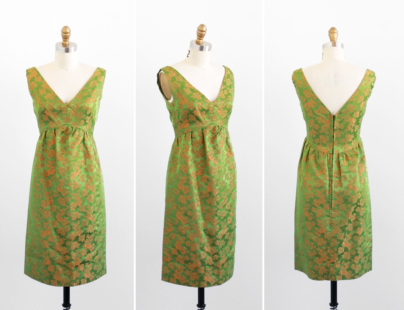 vintage 1960s dress / mad men dress / Green and Orange Roses Floral Satin Cocktail Dress