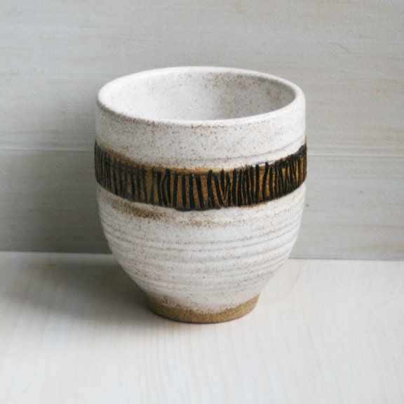 Yunomi Tea Cup Simple White Speckled Glaze with Black Carved Details Handmade Ceramic Pottery Tea Bowl Ready to Ship