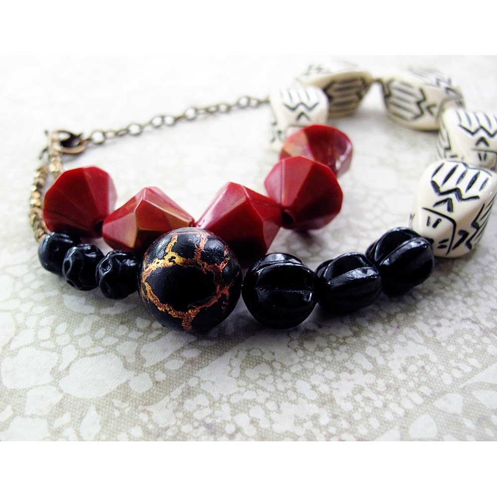 Vintage Beaded Necklace, Red, Black, Cream, Geometric