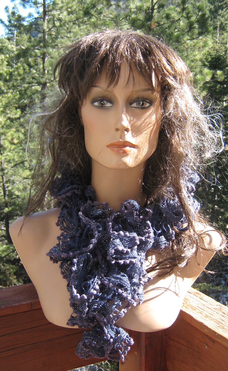 Navy Ruffled Scarf  Wool Blend Extra Long Free Shipping