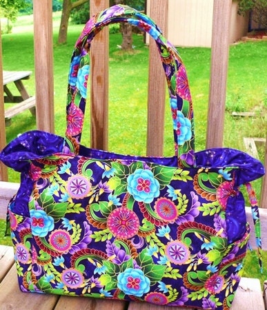 Purple Floral Handbag, Baby Bag, Travel Bag, Purse, Tote