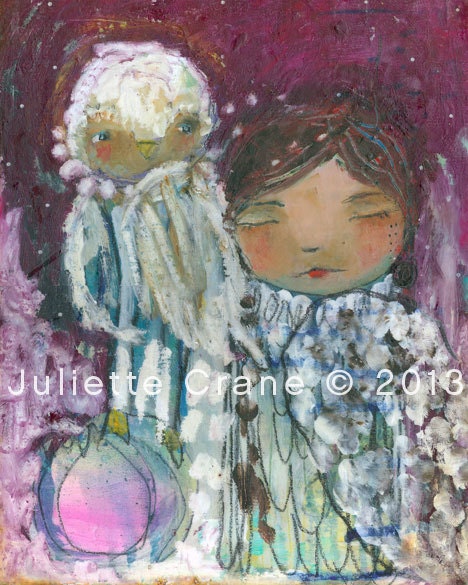 Whimsical Owl Art - Always With You- 8x10 inch Print of a Reproduction of the Original Mixed Media Painting by Juliette Crane