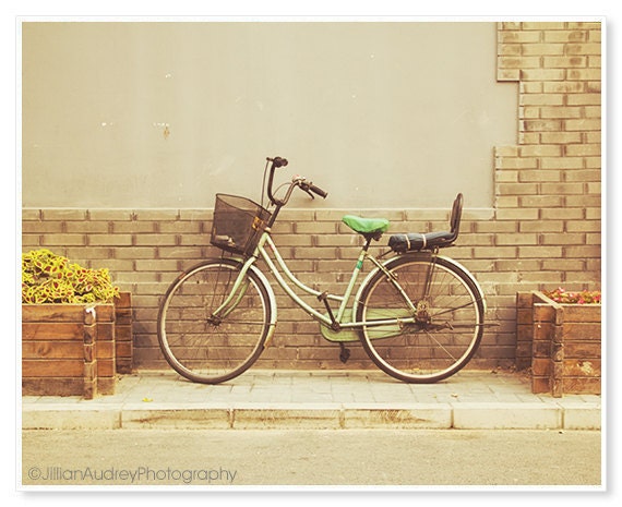 Green Bicycle Photograph - 8x10 print - Beijing China - City street, architecture photo, bike, pastel vintage style - Travel photography