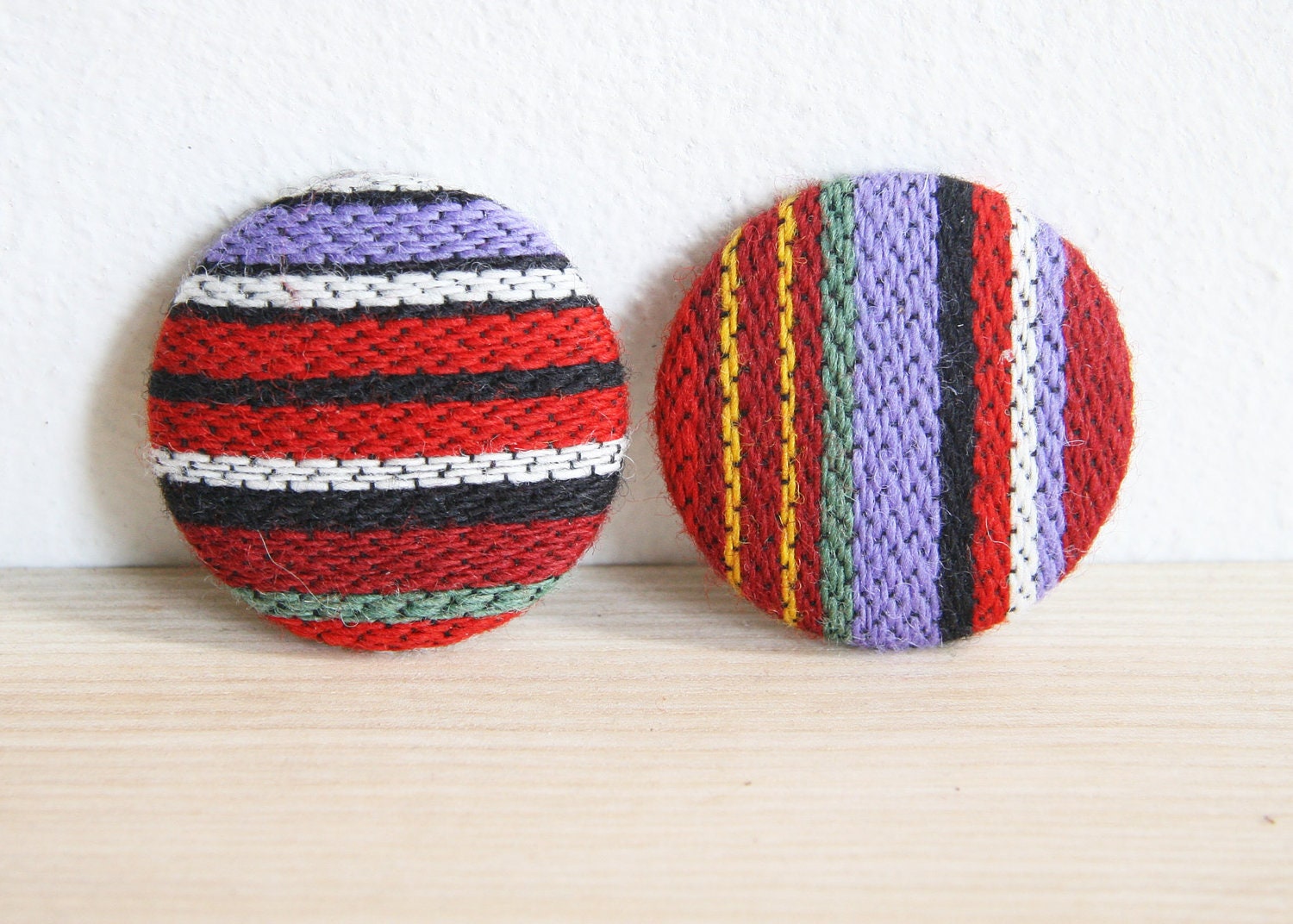 Eco Friendly Red, Blue ,Teal, Black and White Striped Brooch - Decorative Handmade Fabric Covered Button Pin
