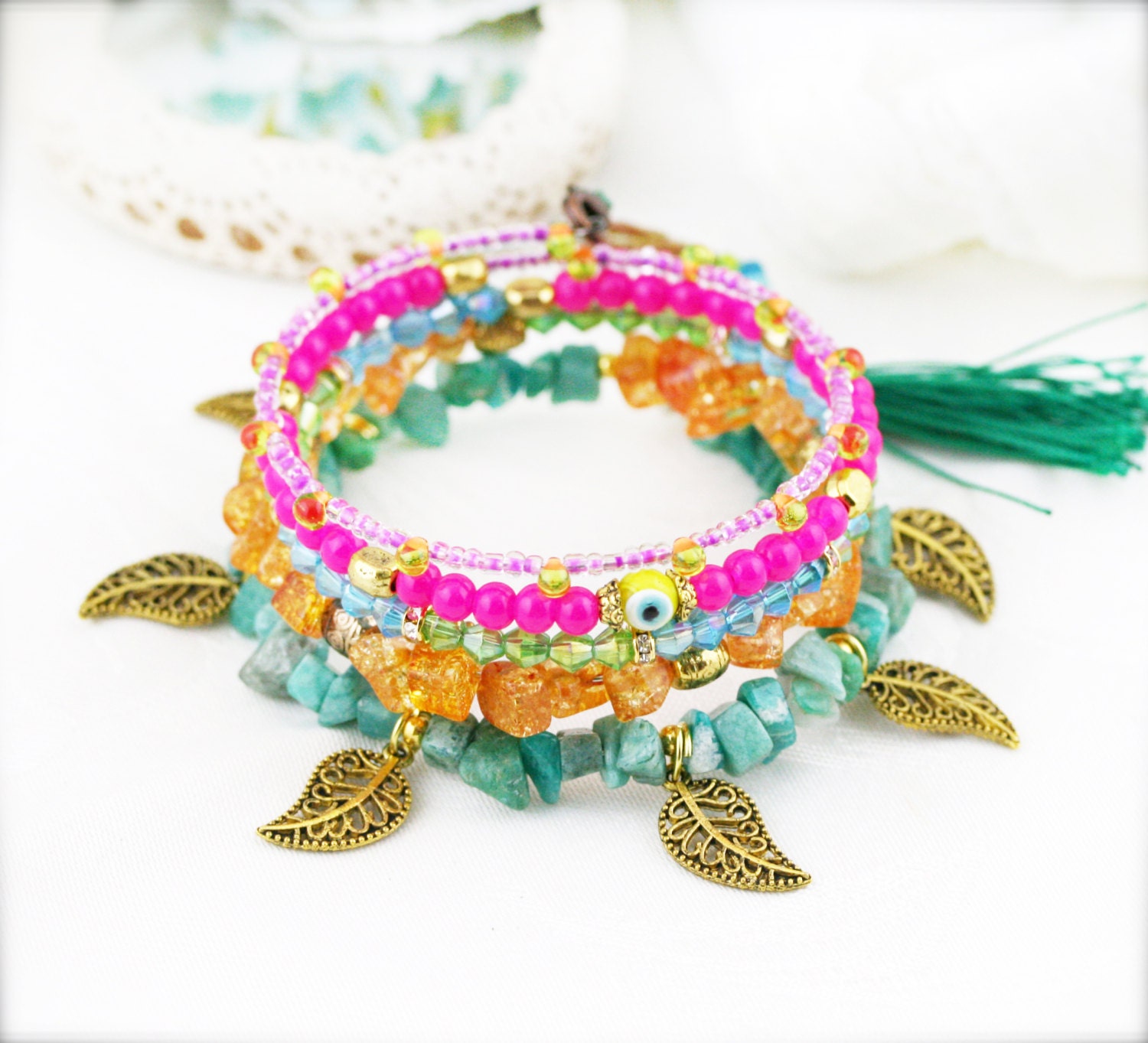 Lorikeets 5 tiers bangle (MW) - amazonite and evil eye