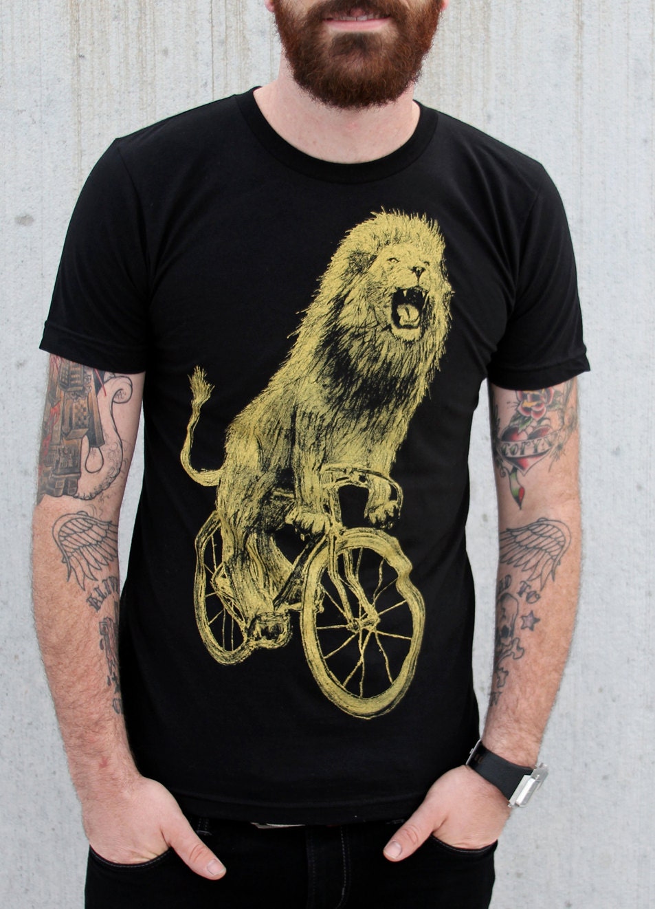Mens T Shirt - Lion on a Bicycle - American Apparel Custom Color Options