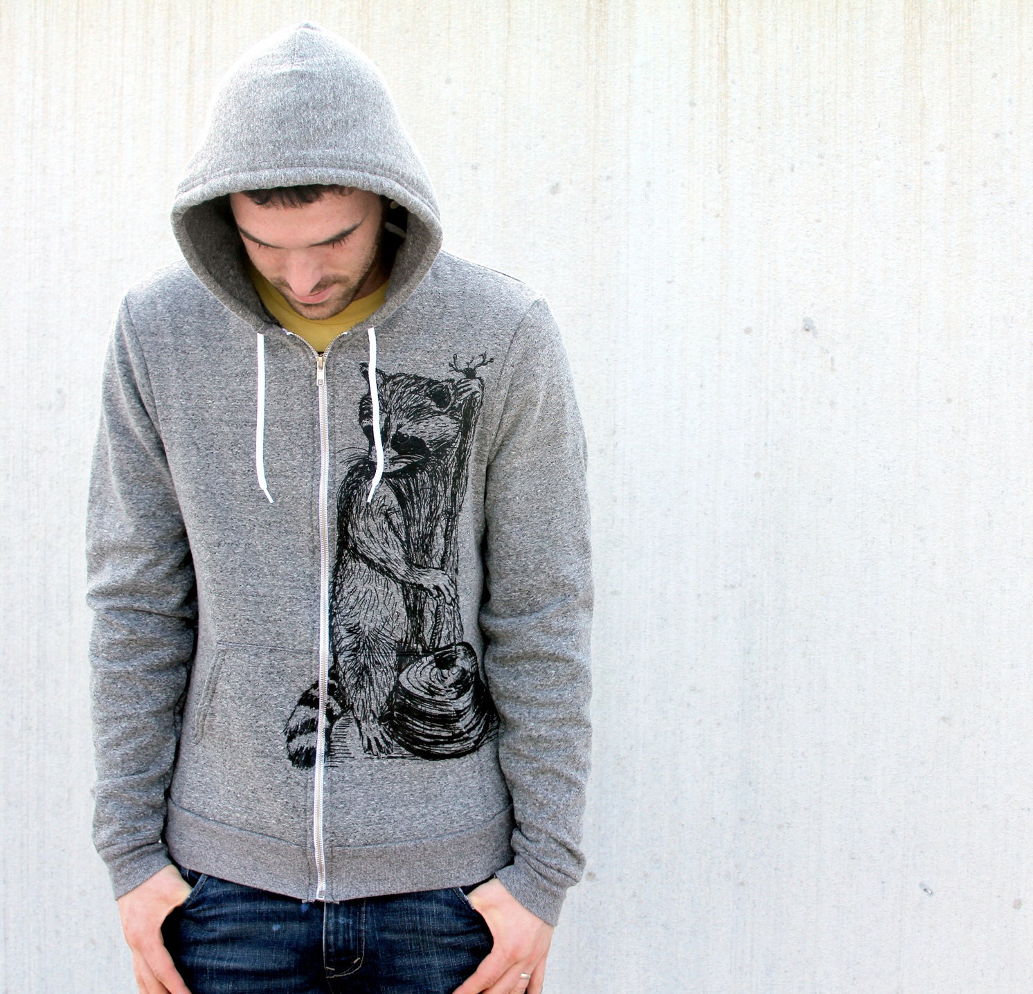 Mens Woodland RACCOON Peppered Grey Hoodie american apparel XS S M L (Custom Color Options)