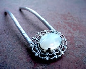 Made to Order Metal Hair Fork - Aluminum White Mother of Pearl Cabochon, silver tone hair pin, hair stick