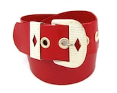 Waist Not - Vintage 1960s Mod Red & White Belt, Vinyl with Metal Hardware, Diamond Cut Outs, Size Large