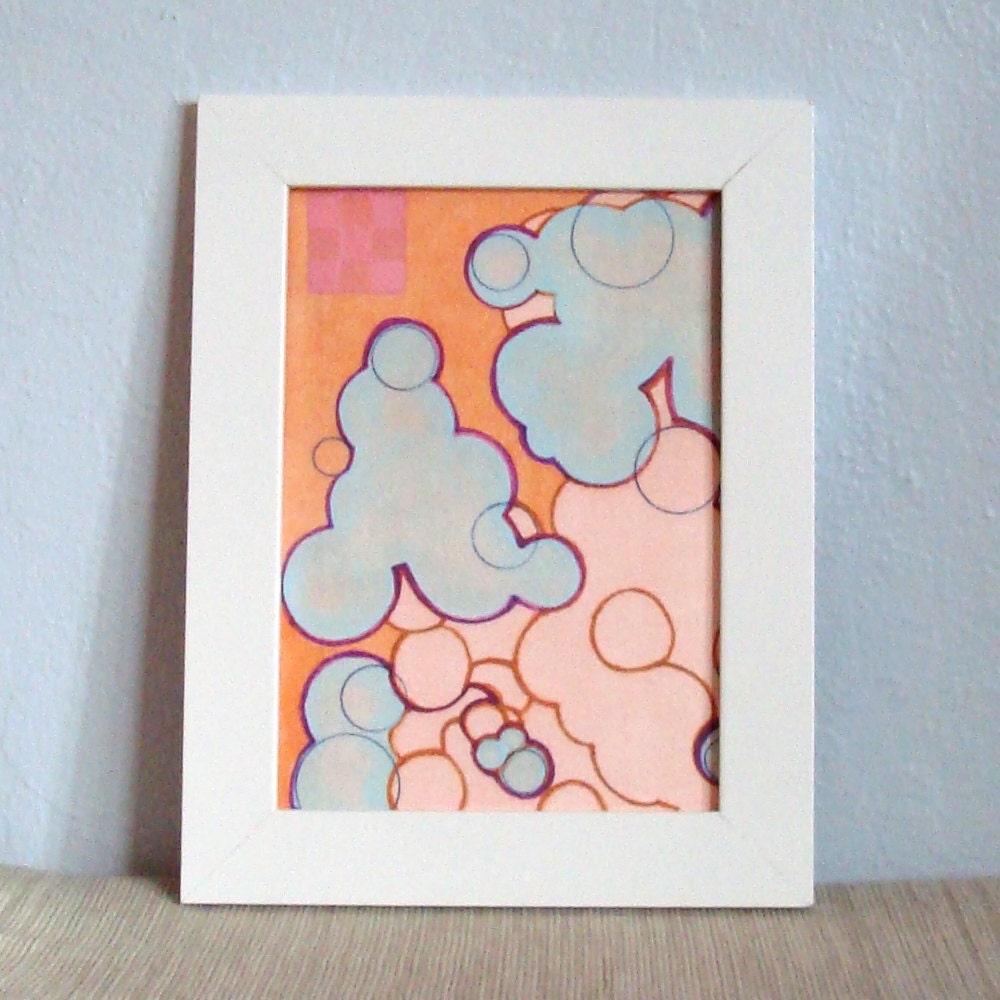 Abstract Figurative Circles Face Map Orange Blue Pink with Block Print 5 x 7 Art Print Mixed Media