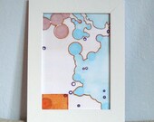 Abstract Figurative Circles Face Map Pink Blue Orange with Block Print 5 x 7 Art Print Mixed Media