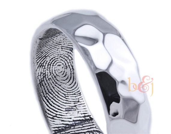 7mm Sterling Silver Hammered Surface Custom Band with Fingerprint Wrapped Inside