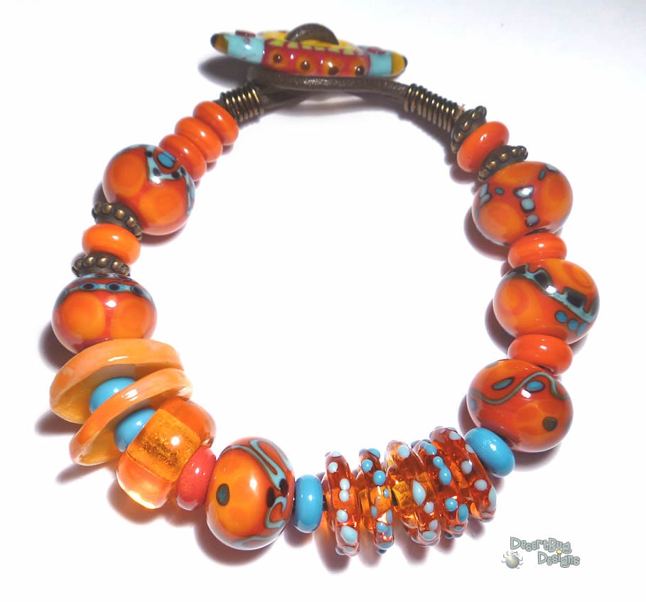 PEPPITOS Handmade Lampwork Bead BRACELET Red Blue Turquoise Black Melon Yellow FUN Colors Eclectic  Artist Made