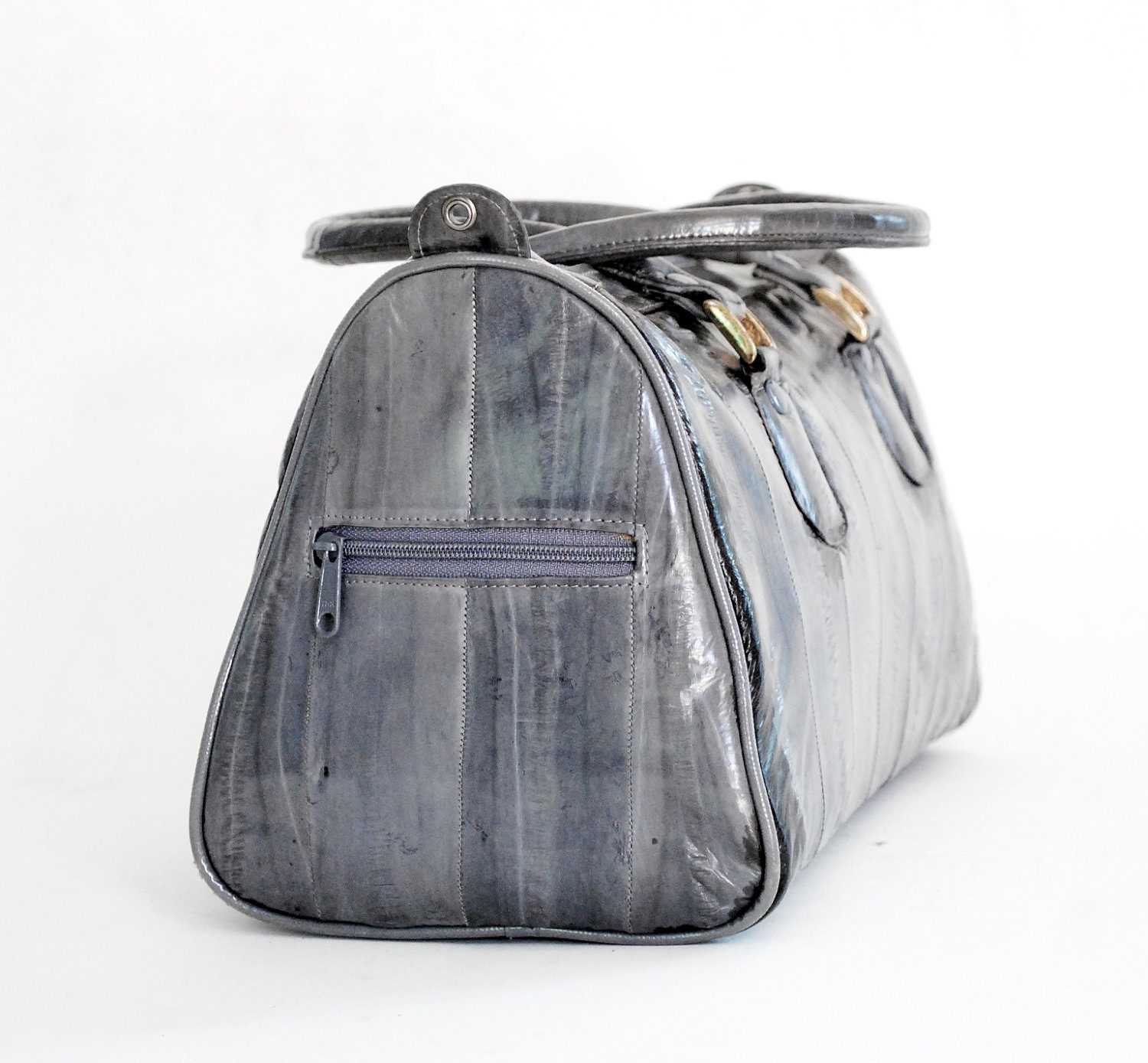 Posh Pewter Eel Skin Suede Lined Boxy Mini Luggage Handbag Shoulder Purse